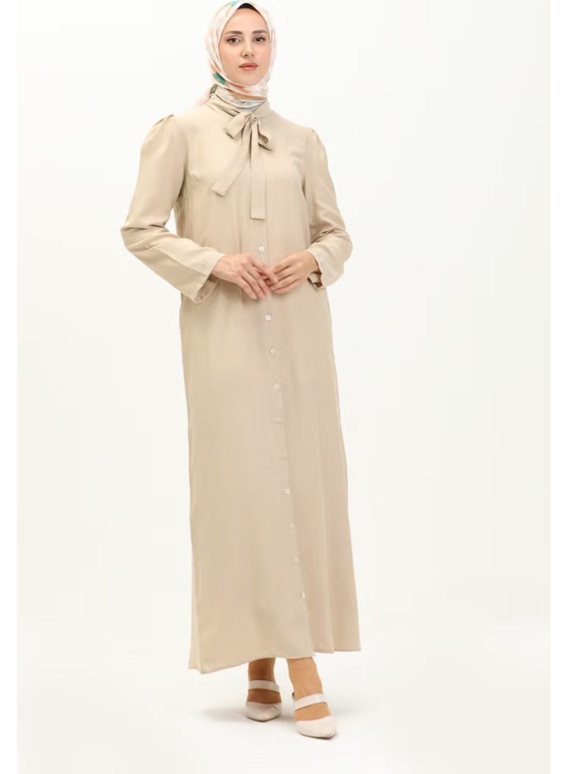 Sefa Merve Tie Collar Buttoned Dress 5111-01 Beige - Image 2